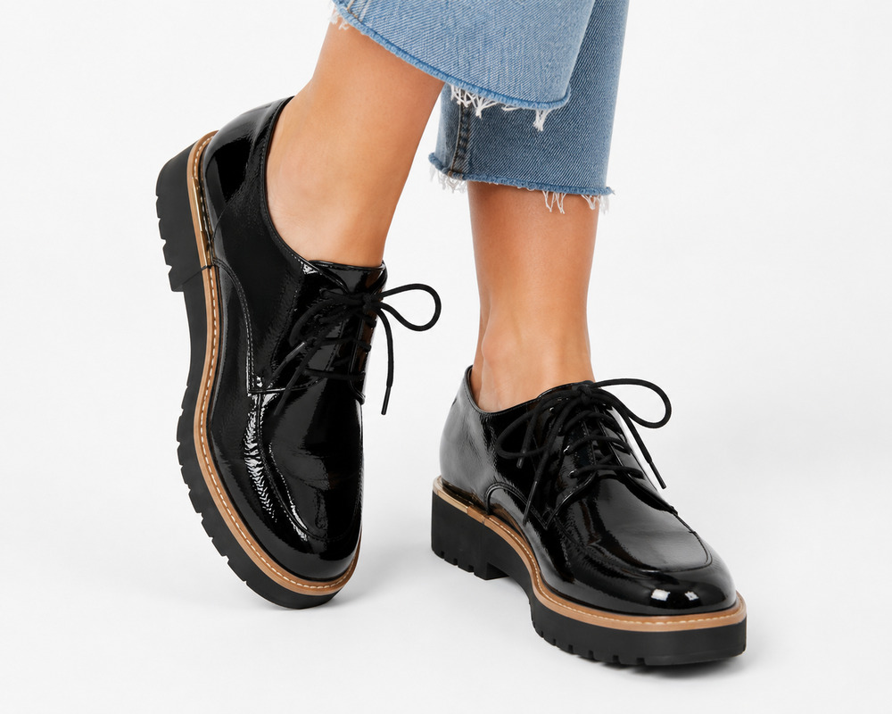 Franco Sarto Charles Black Patent Lace-Up Derby with Tan Welt Lug Sole Shoes
